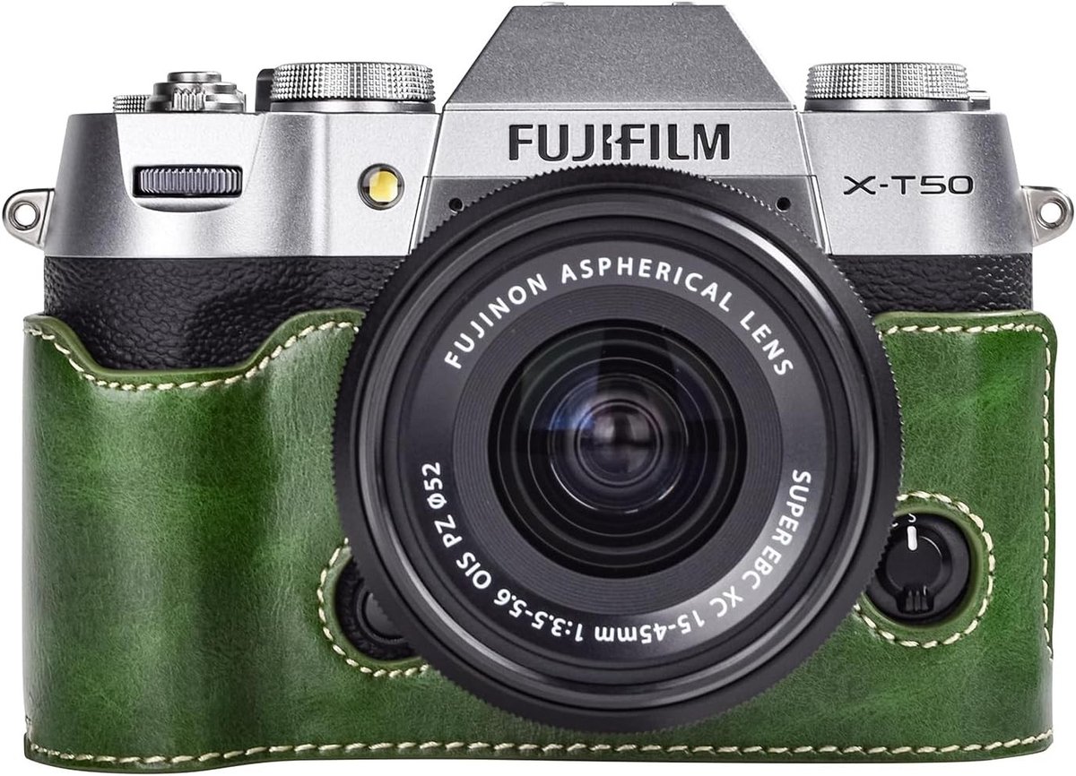 Handgemaakte PU Leren Half Case voor Fujifilm X-T50, Beschermende Grip Camera Tas, Onderopening, Groen, Duurzaam en Stijlvol Ontwerp