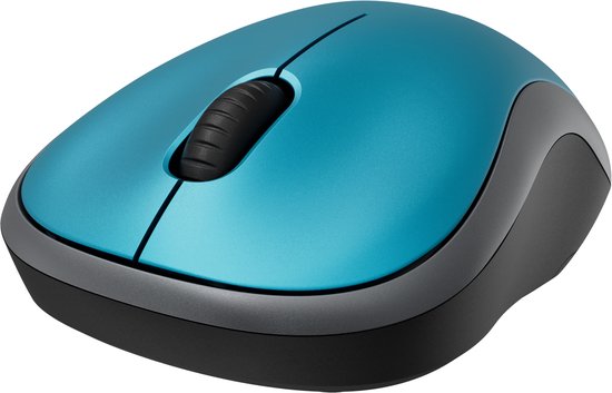 Blauwe en grijze draadloze muis, schuin van bovenaf.