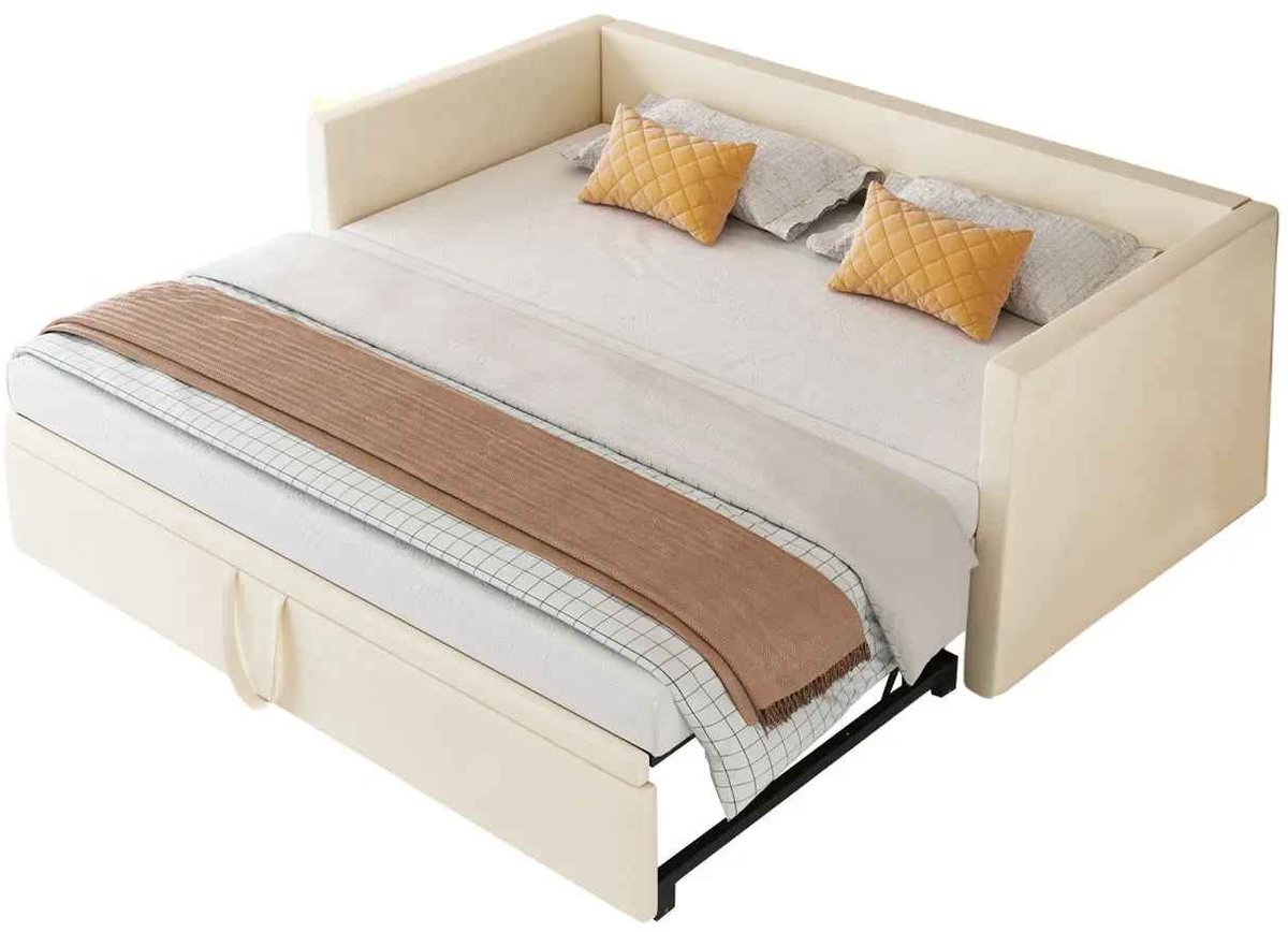 CORE Uitschuifbaar Dagbed - 90/180 x 200 cm Slaapbank - Gestoffeerd Bed met Lattenbodem - 2-Zitsbank met Slaapfunctie - Transformeerbaar Tweepersoonsbed - Ruimtebesparend met Fluwelen Bekleding - Multifunctioneel Bed - 213x99-183x74cm - Beige