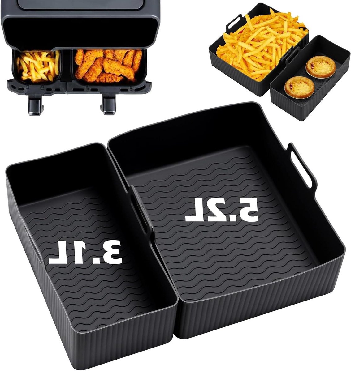 Airfryer Accessoires - Dubbele Mand Racks - Meer Koken - Verbeterde Luchtcirculatie - 5.2L en 3.1L - Zwart
