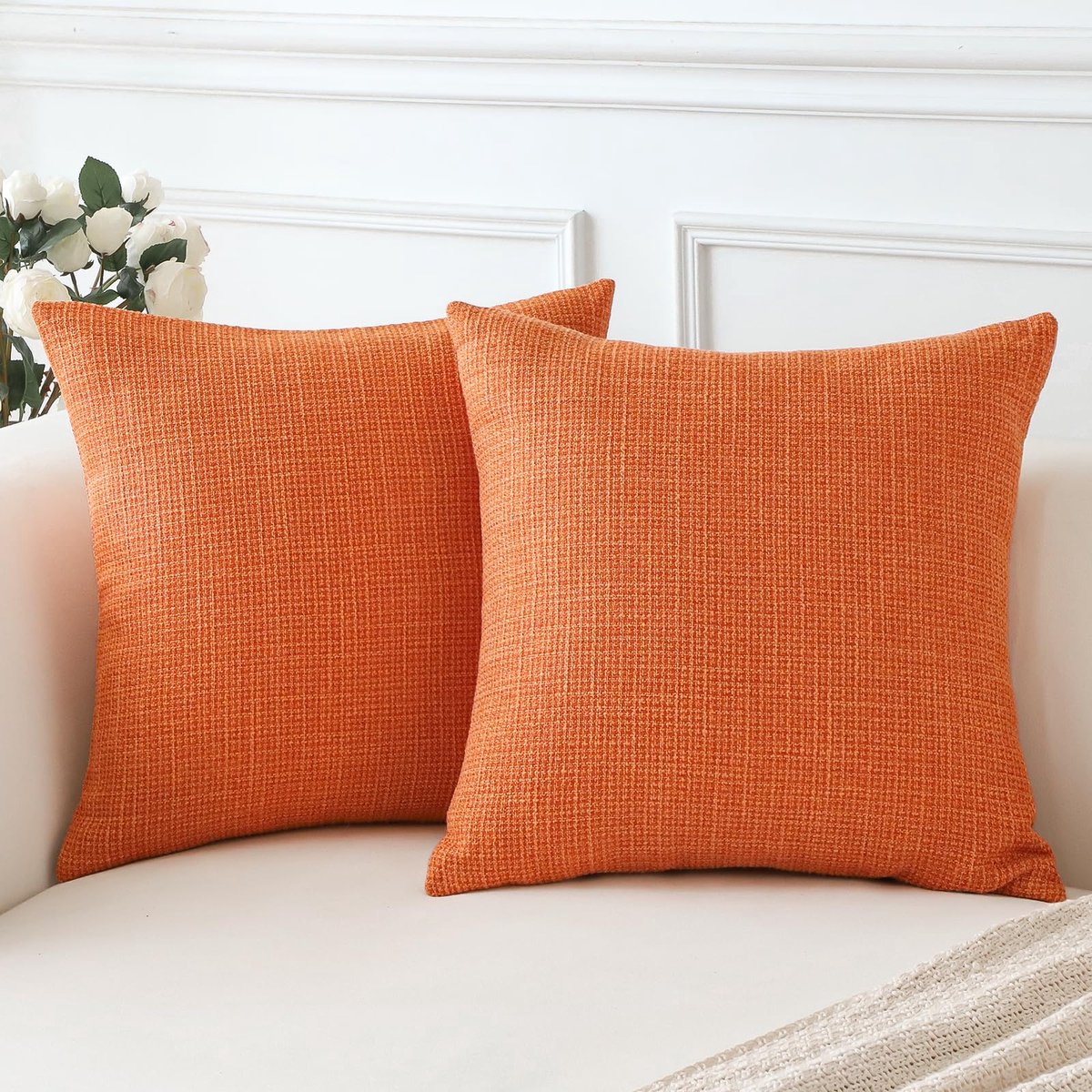 SnelShoppen - Set van 2 Decoratieve Kussenhoezen 40x40 cm van 100% Linnen in Oranje voor Bank, Slaapkamer en Auto