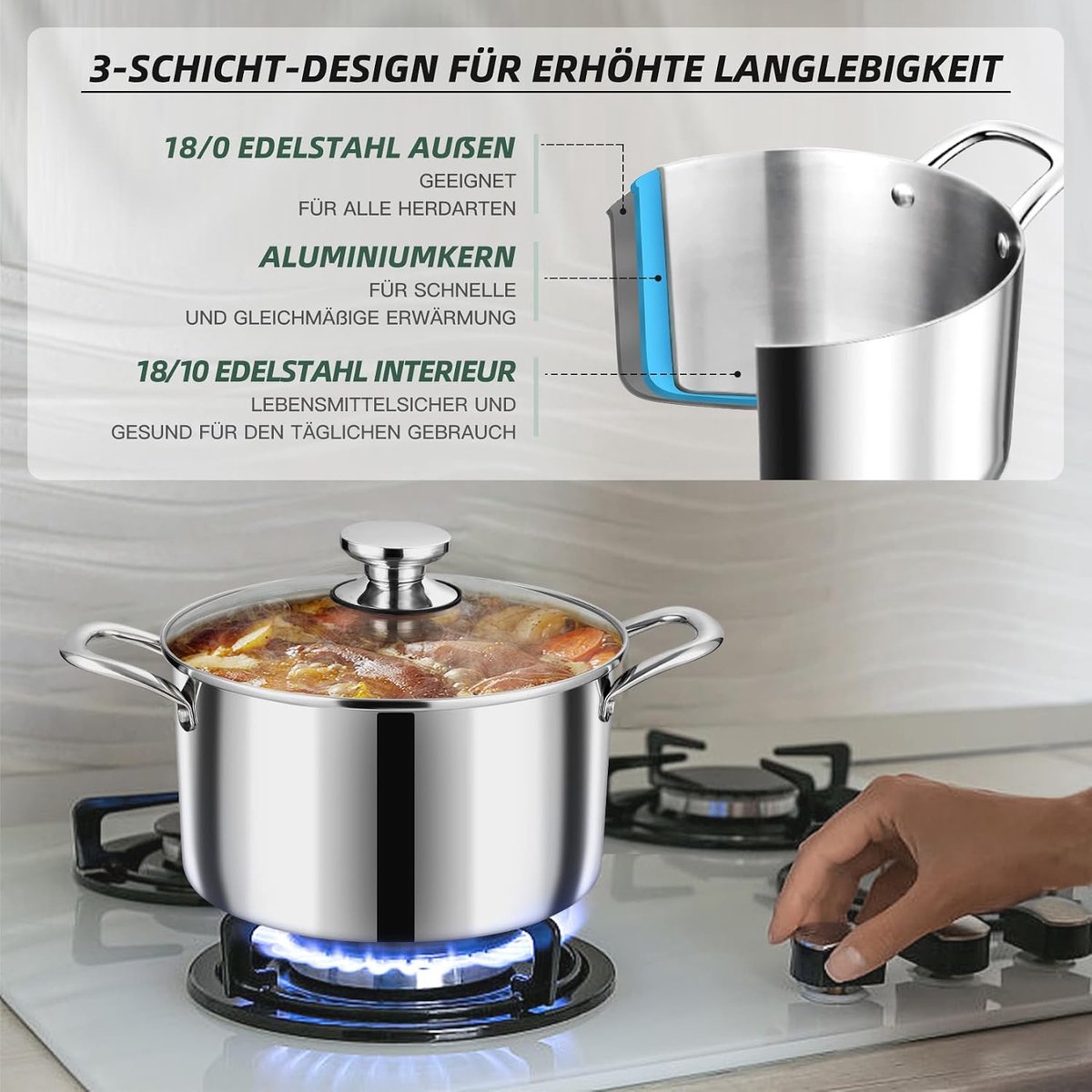 Kookpan, 3-laags roestvrij stalen pan, inductie, 3,3 l kookpannen, pastoepan, soeppan met glazen deksel voor alle warmtebronnen, gezond en vaatwasmachinebestendig - 20 cm