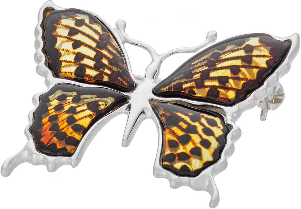 vlinderbroche voor dames, Spaanse koningin met barnsteen, Baltische barnsteen in kersenkleur, sterling zilver 925 gepolijst, cadeauset, Sterling zilver, Barnsteen