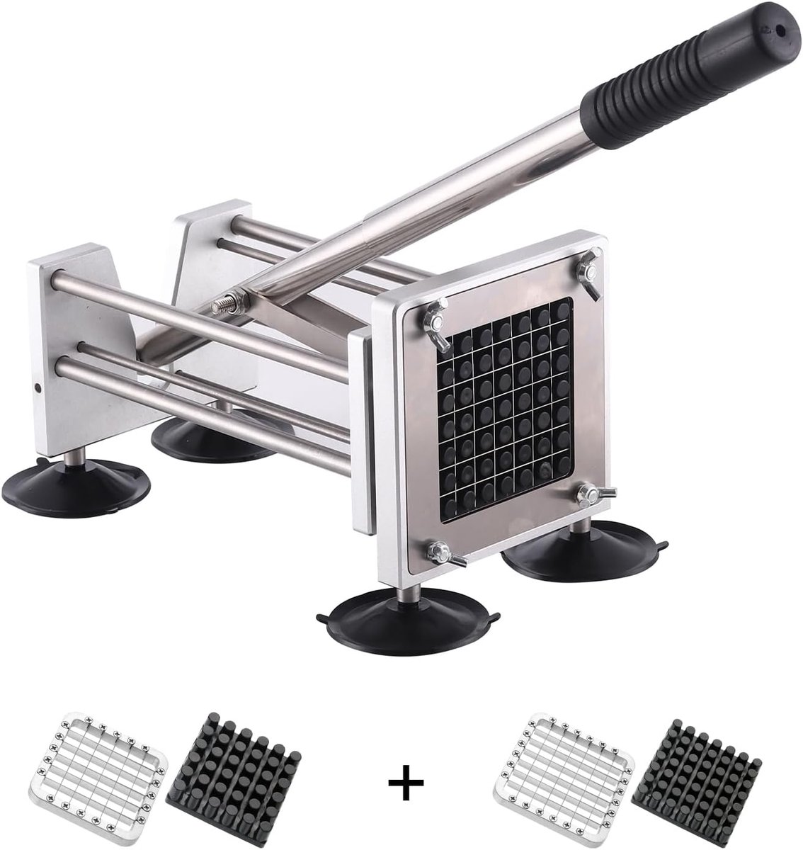 aardappelsnijder met afneembare handgreep, roestvrijstalen aardappelsnijder met 9 mm, 12 mm messen met 4 zuigvoetjes voor aardappelen, wortelen, komkommers