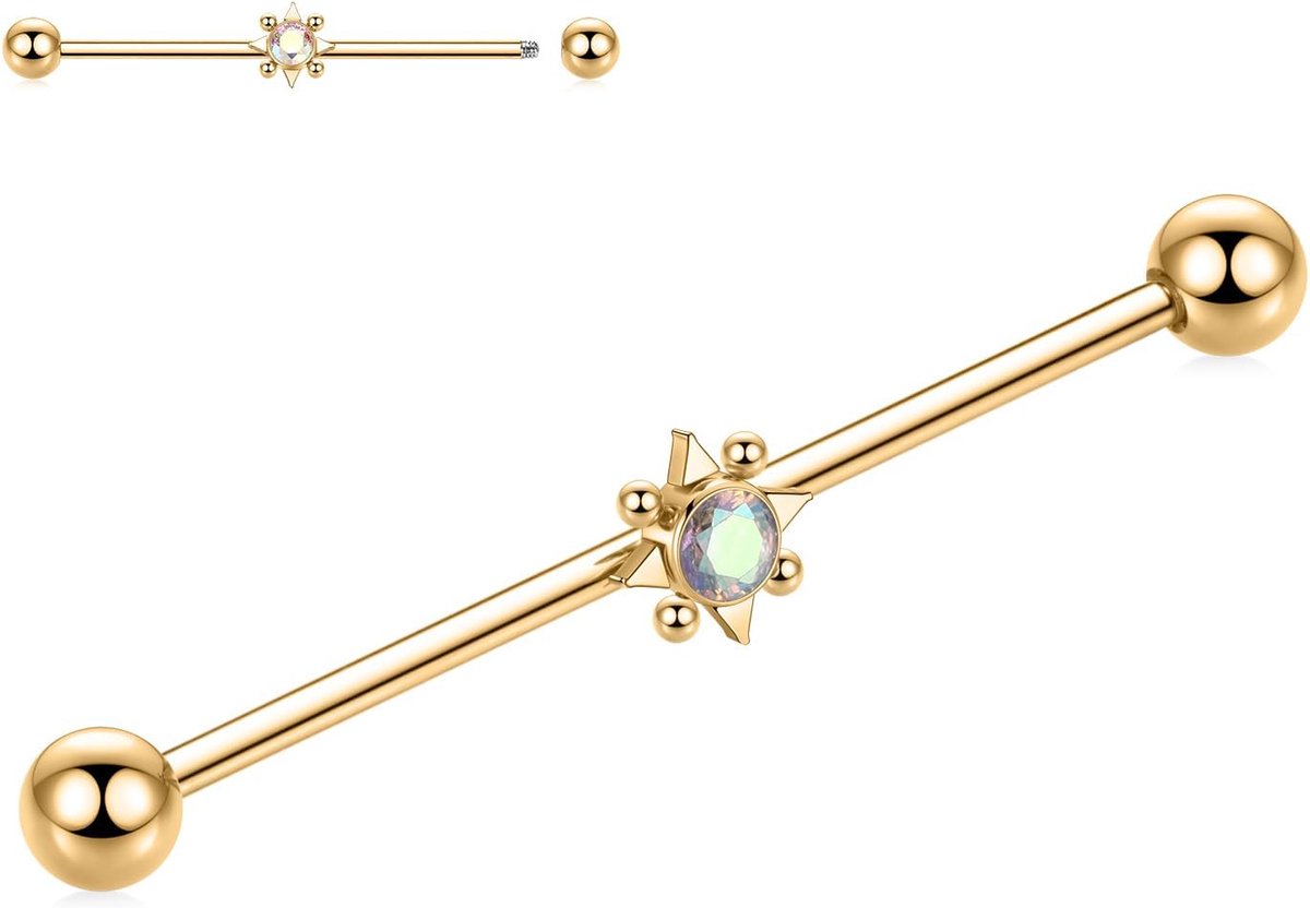 hengkaixuan Industriële barbell 14G chirurgisch staal industriële barbell 38 mm lange industriële barbell met verharde zirkoniastenen voor dames en heren