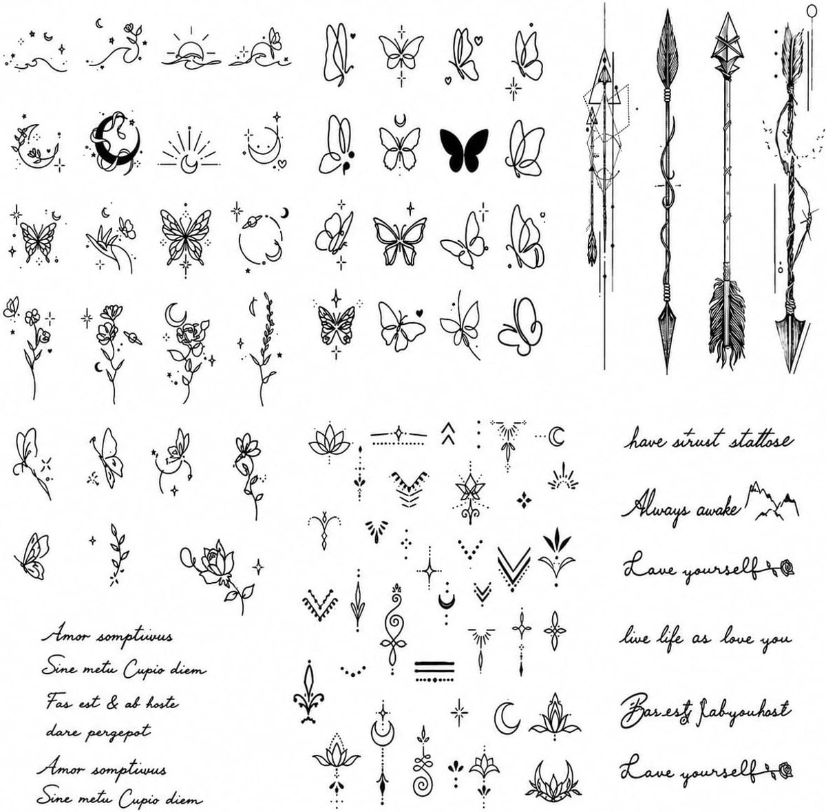 Tijdelijke tatoeages, minimalistische fineline nep-tatoeages met maan, vlinders & schrifttekens, waterdichte tatoeages die tot 2 weken blijven zitten voor mannen & vrouwen