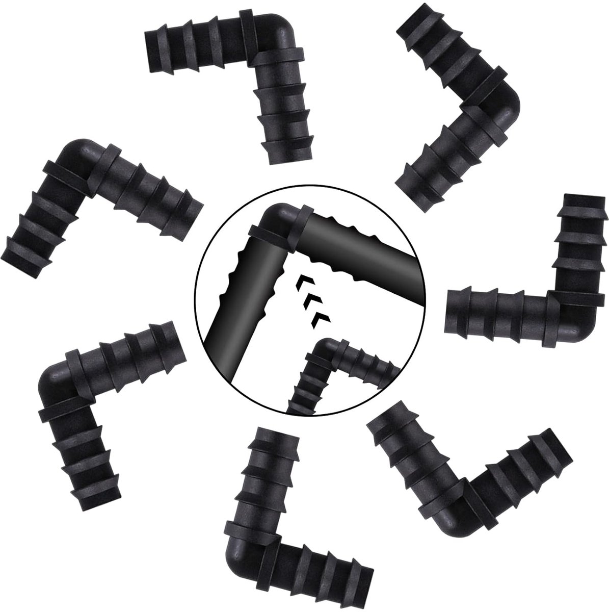 L slangverbinders, 8 stuks, 13,0 mm (1/2 inch) hoekverbinder, 90 graden boog, hoekverbinder, zwart, slangfitting accessoires, slangaansluiting voor irrigatiesysteem