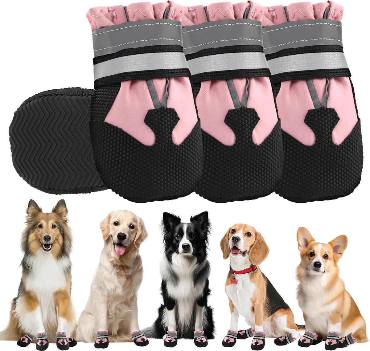 Pootbescherming voor honden, waterdicht, met reflecterende riemen, antislip, verstelbaar en wasbaar, pootbescherming voor kleine, middelgrote en grote honden, 4 stuks