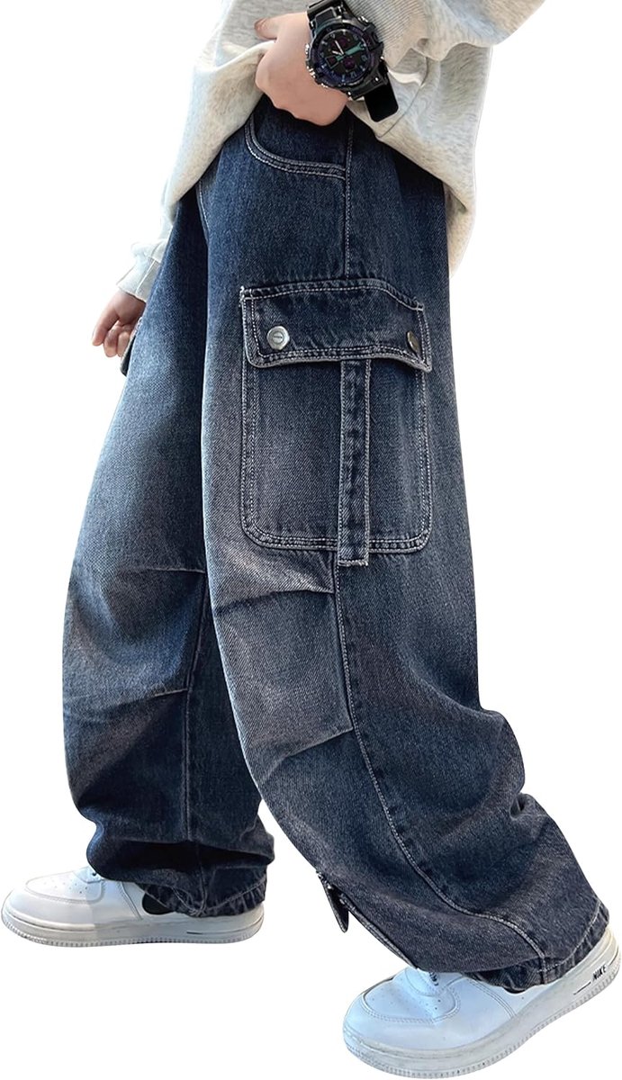 Jeans voor kinderen, elastische tailleband, brede pijpen, cargobroek van denim met meerdere zakken voor kinderen