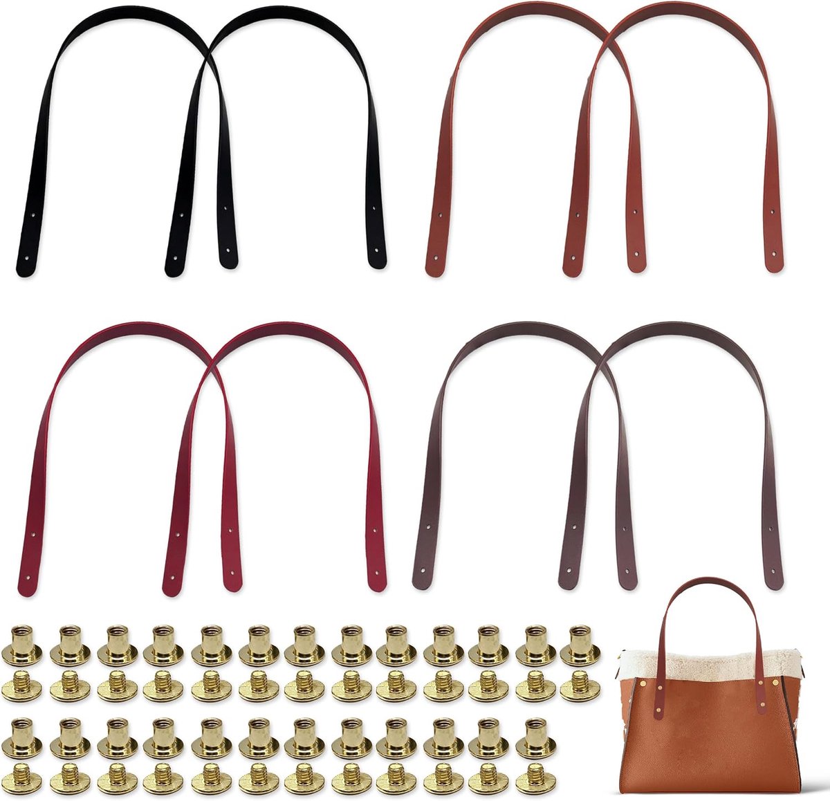 8 Stuks PU-Leren Riemen voor Tassen, 65 cm Hengsels Tassen met Klinknagels in 4 Kleuren, Lederen Tasgrepen en PU-Leren Tashengsels voor Gehaakte Handtassen en Rugzakken