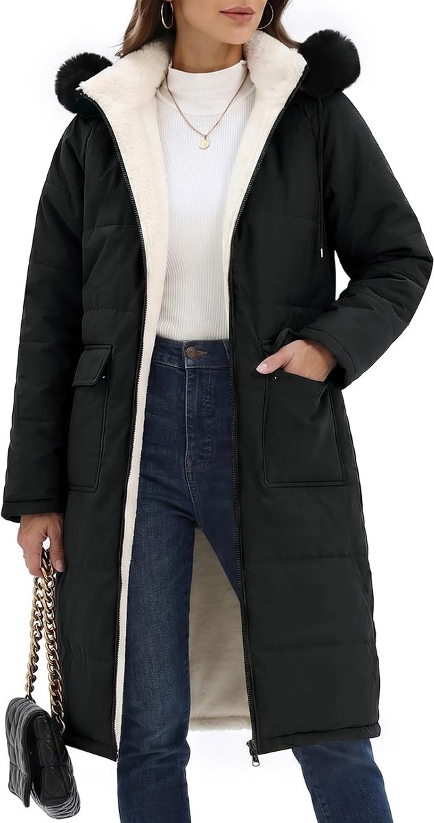 heekpek Winterjas voor dames, lange winterjas, fleece gevoerd, warme jas, waterafstotend, herfst, winter, parka, winterjassen, outdoor, donsjas, winddichte parka met afneembare capuchon