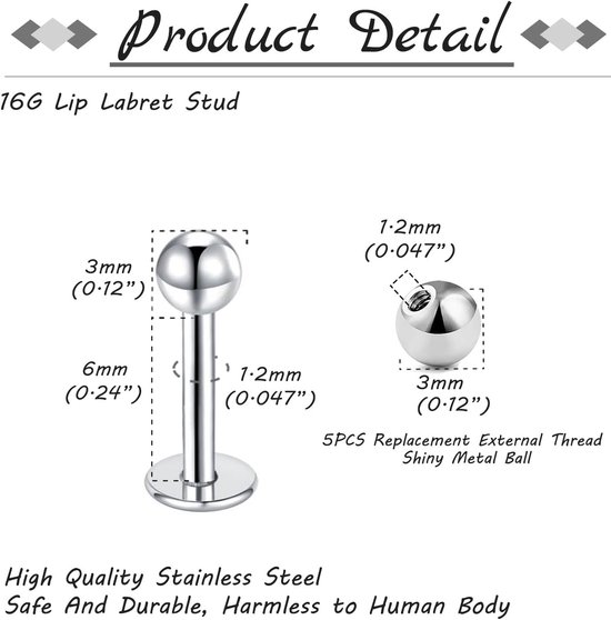 12 stuks, lip, labret, helix, tragus, stud, rvs, 6-12 mm, zilver, goud, zwart, sieraden — afbeelding 3