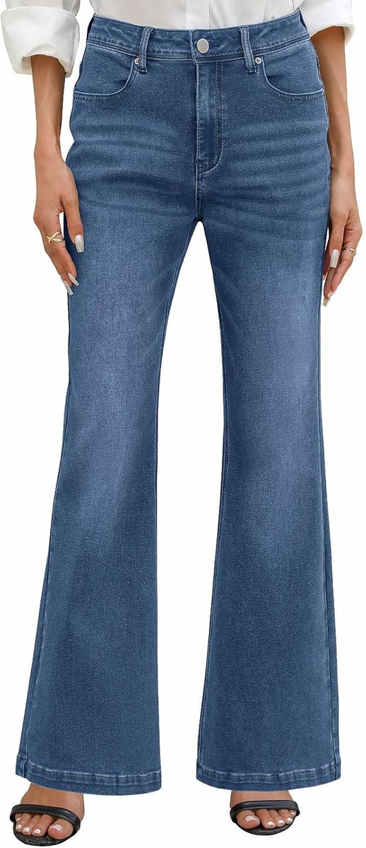 Jeans, flared, wijde pijpen, hoge taille, damesjeans, stretchbroek, comfortabele jeansbroek, casual broek
