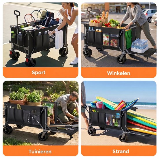 Opvouwbare Bolderkar - 300L+120L Strandkar - Tuinkar - Transportwagen - Achterklep - Brede Wielen - Snel Inklapbaar - Robuust Frame - Camping - 180cm - Vervoeren - Zwart van Opvouwbare Bolderkar — afbeelding 5