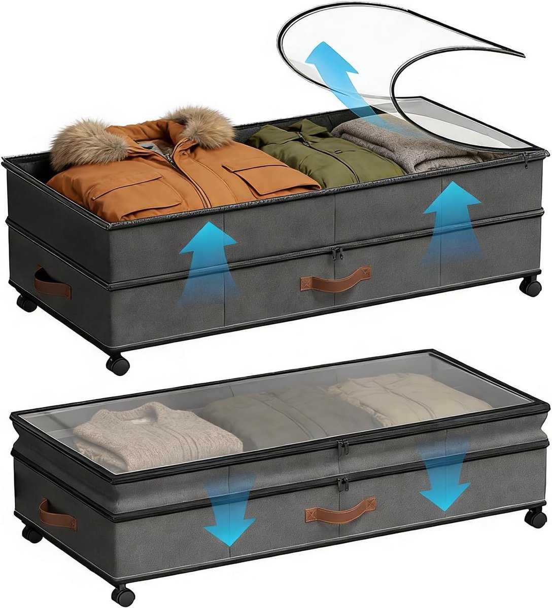 Bedopbergladen op wielen, 2-pack 72L XXL verstelbare | 10in/25cm hoogte met deksel, ruimtebesparende slaapkamer opbergdoos voor kleding, schoenen, dekens en speelgoed