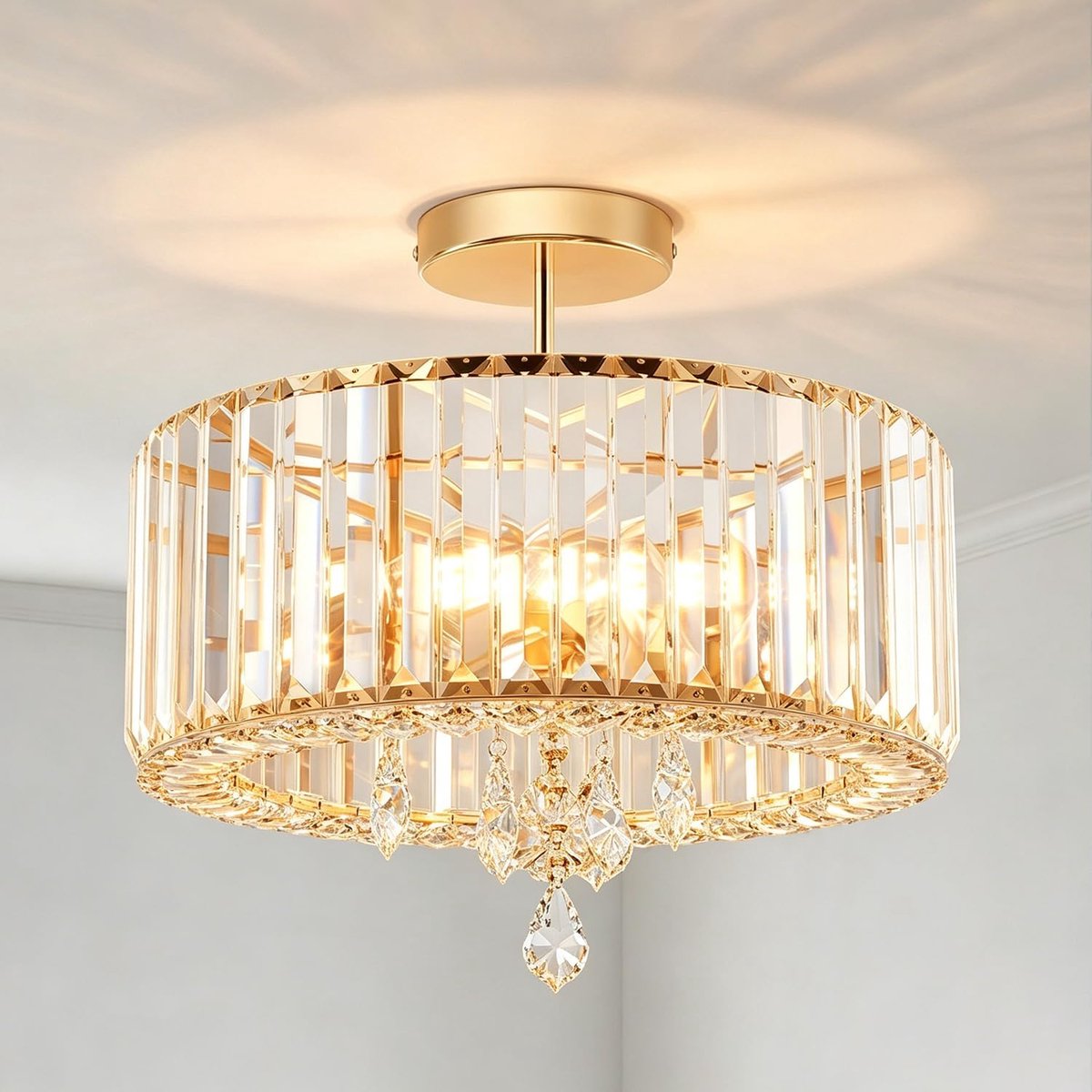 Plafondlampen, moderne LED-kroonluchters met 3 lampen, industriële kristallen semi-inbouwplafondverlichting voor hal, woonkamer, keuken, badkamer, Dia 36,5 cm, (E27-basis)