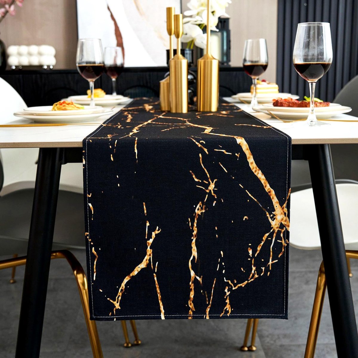Tafelloper Herfst Zwart en Goud Moderne Tafelloper Linnen Tafel Gouden Marmer Getextureerde Kunst Abstracte Kunst Wasbaar Salontafel Eetkamercommode Eindtafel 40 x 140 cm