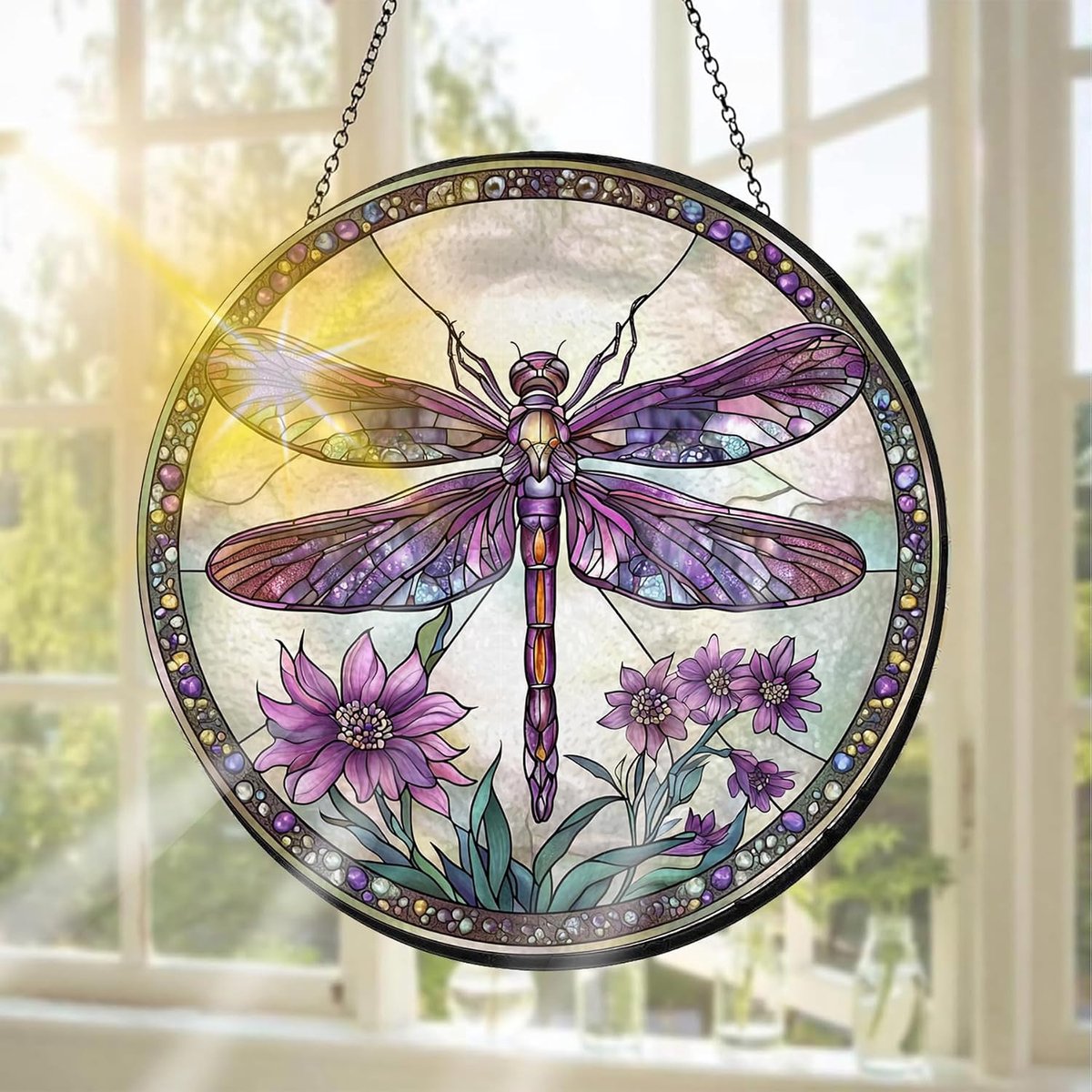 Glas-in-Lood Raamdecoratie, Ideaal Om Het Raam Mee Te Versieren Libel - Handgemaakte Raamdecoratie Voor Tuin, Raam, Binnen En Buiten, Kerstfeest, 20 X 20 cm