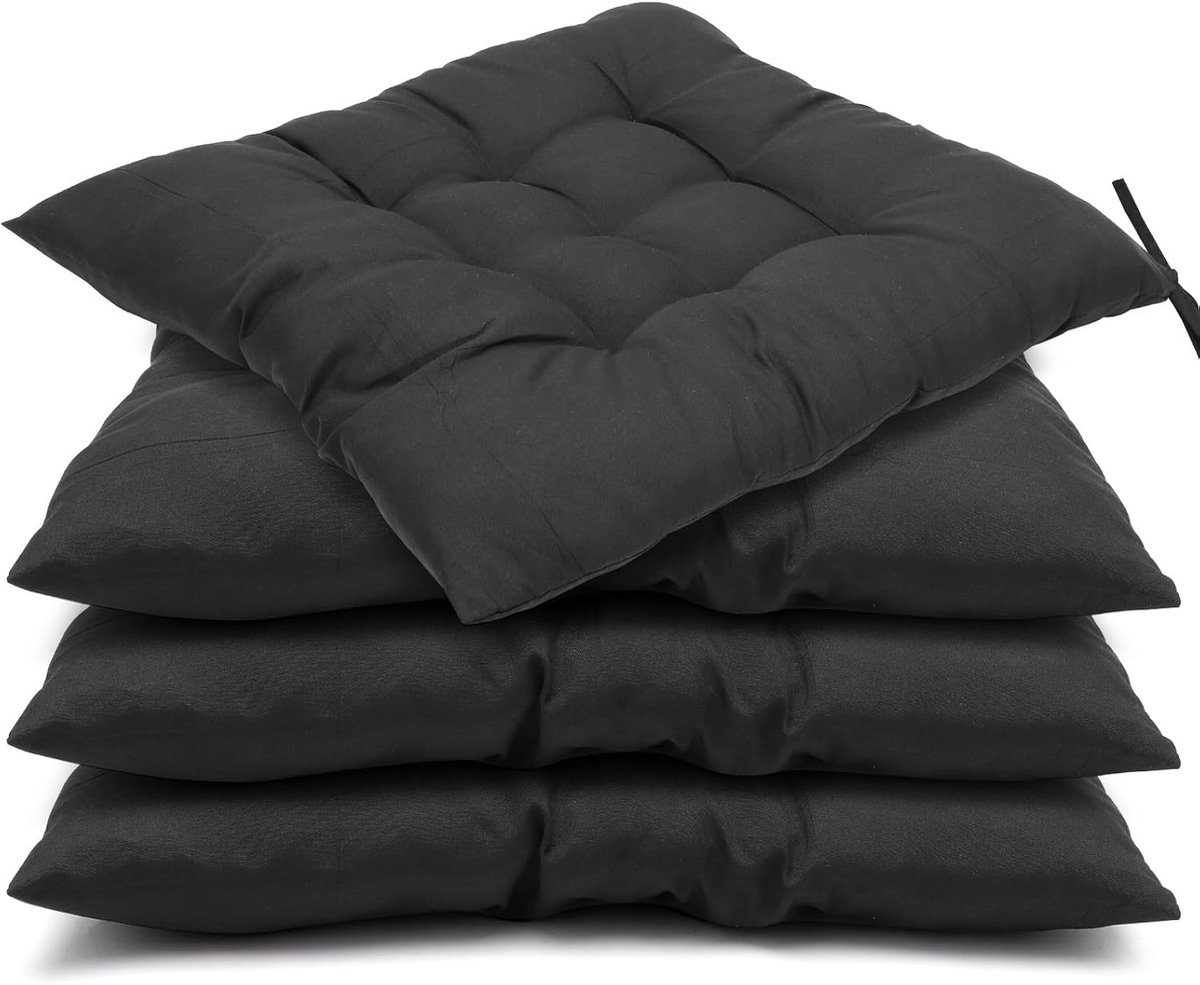 Set van 4 stoelkussens met banden, zitkussen, 40 x 40 cm, voor bureaustoel, tuinstoel, balkonstoel, zitkussen voor binnen en buiten, voor eetkamer, woonkamer, studeerkamer (zwart)