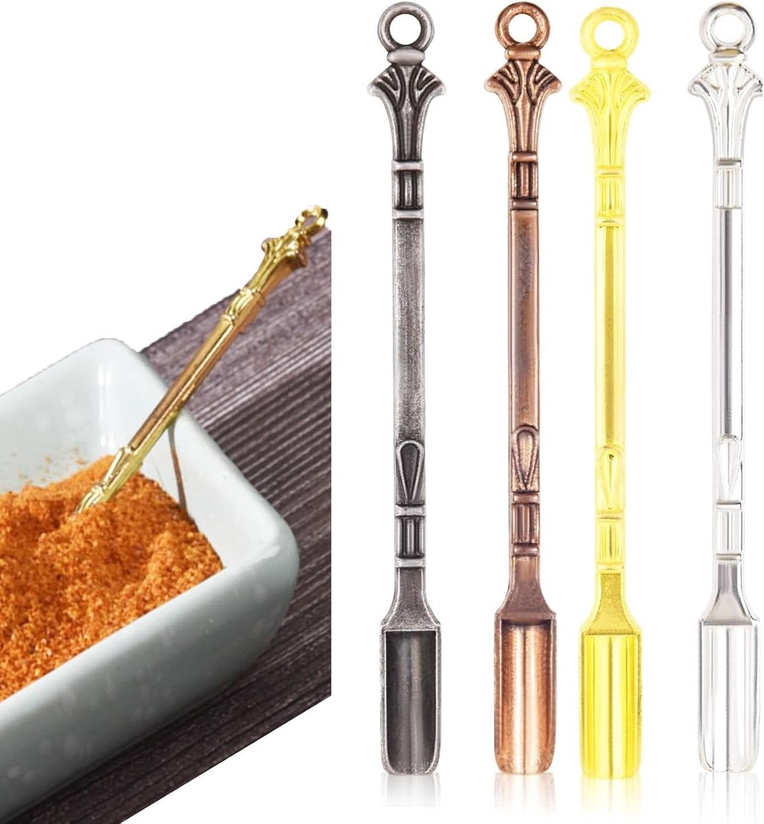 Set van 4 kleurrijke mini metalen poederlepeltjes, lepels om flacons voor medicijnen, zouten, kruiden, kruiden, zand te vullen
