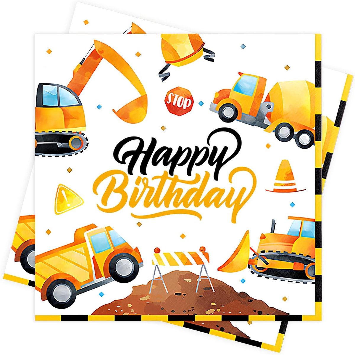 Graafmachine, 20 Stuks Graafmachineservetten voor Verjaardagsservetten"Happy Birthday", Voertuigen Papieren Servetten voor Jongens Meisjes Verjaardagsfeest Decoratie - 33 x 33 cm