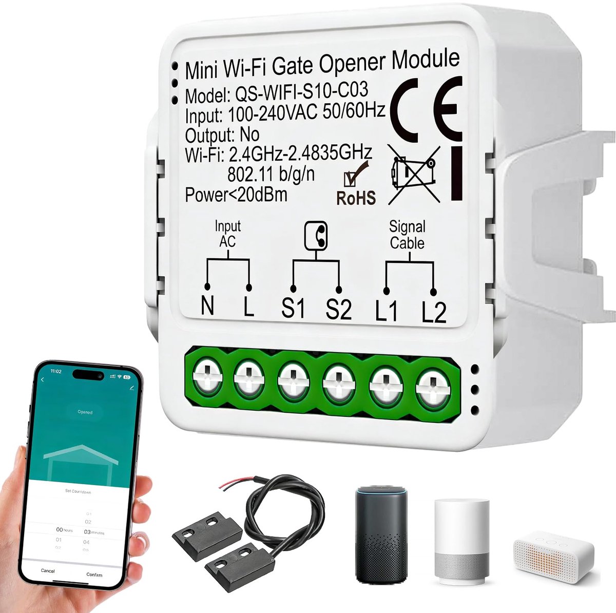 SnelShoppen - Smart Switch Garagedeurbediening Wifi, AC100-240V, App-Bediening, Timer en Deursensor voor Slimme Huizen, Ideaal voor Garage en Tuin