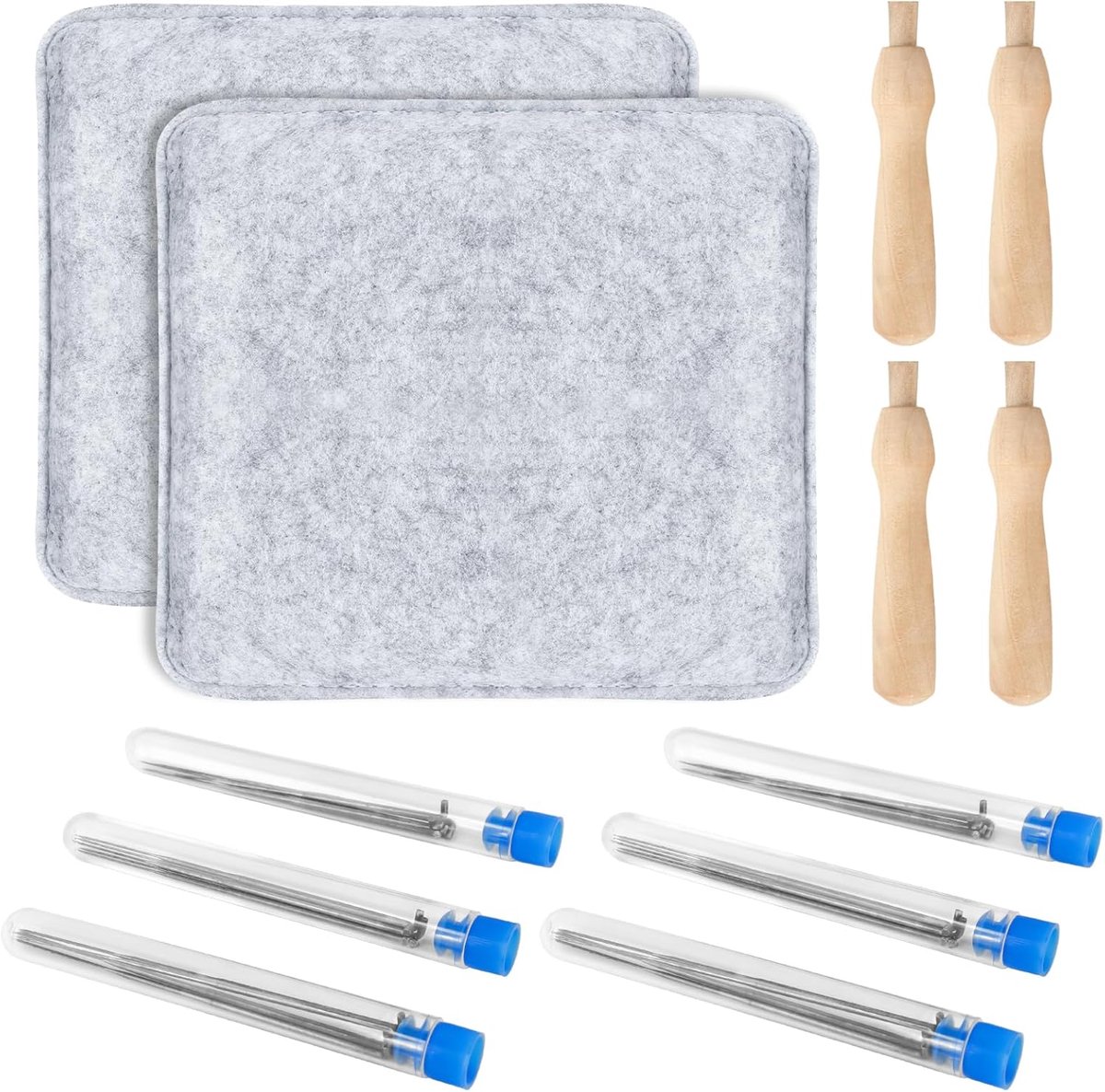 Vilten starterset, prikset, viltset voor beginners, met 2 stuks viltwol 20 x 18 x 3,5 cm, viltnaalden in 3 maten (elk 10 stuks), 4 stuks viltnaaldhouders, voor beginners, wolvilt