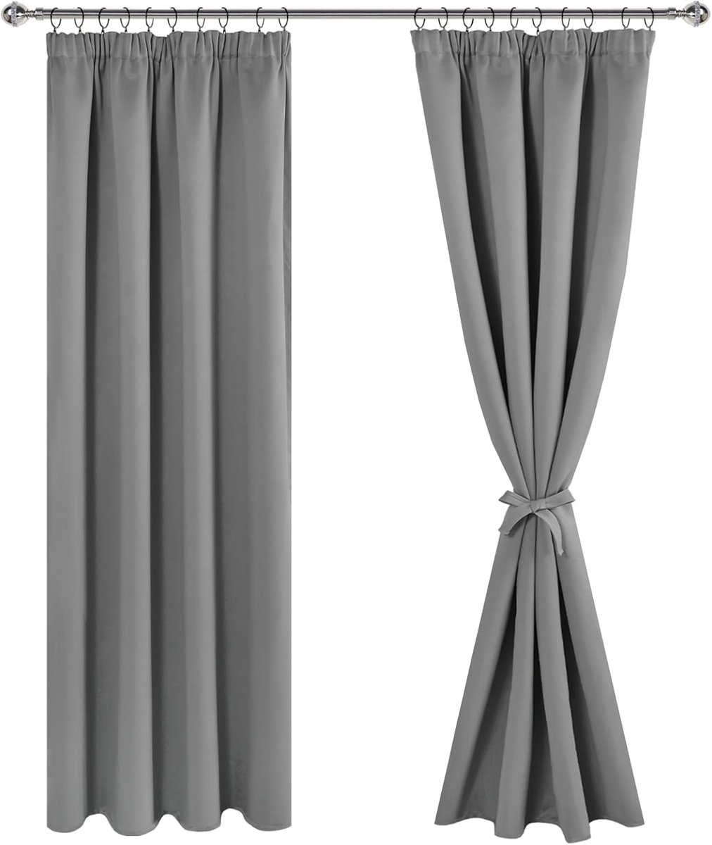 Gordijnen met plooiband, verduisteringsgordijnen, ondoorzichtig, woonkamer, slaapkamer, thermogordijn, 228 x 167 cm (h x b), grijs, set van 2
