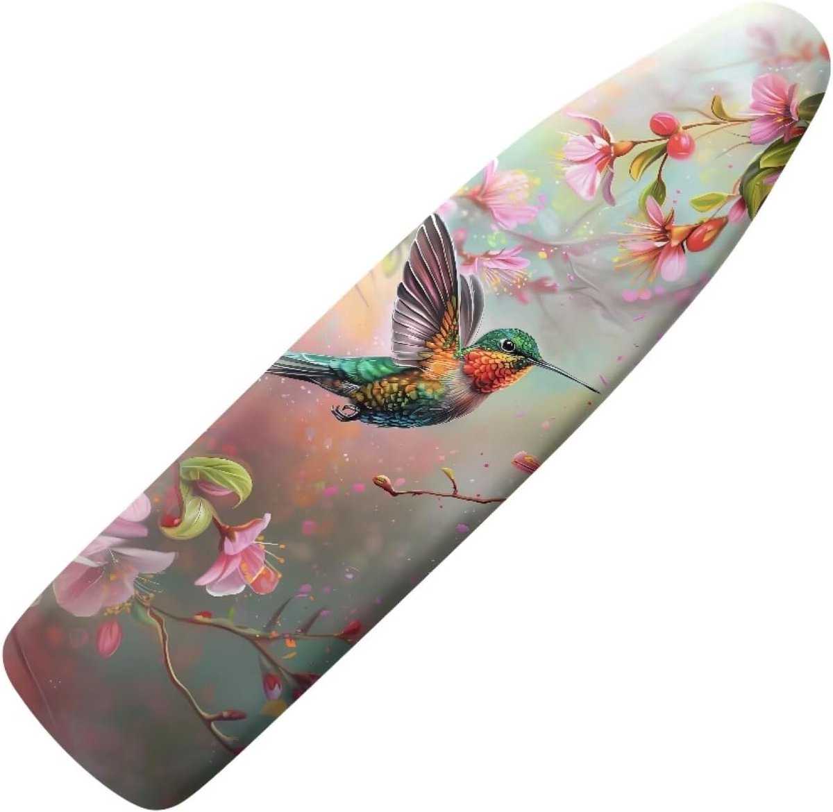 Antislip strijkplankhoes met elastische rand en verstelbare haak- en lusbanden, polyester spandex stof eenvoudige installatie, kolibrie bloemen roze