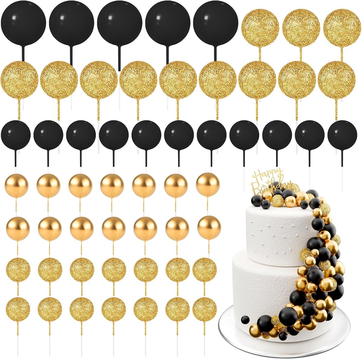 60 stuks, taarttoppers, mini-ballonnen, verjaardag, feest, babyshower (Glitter Zwart-Goud)