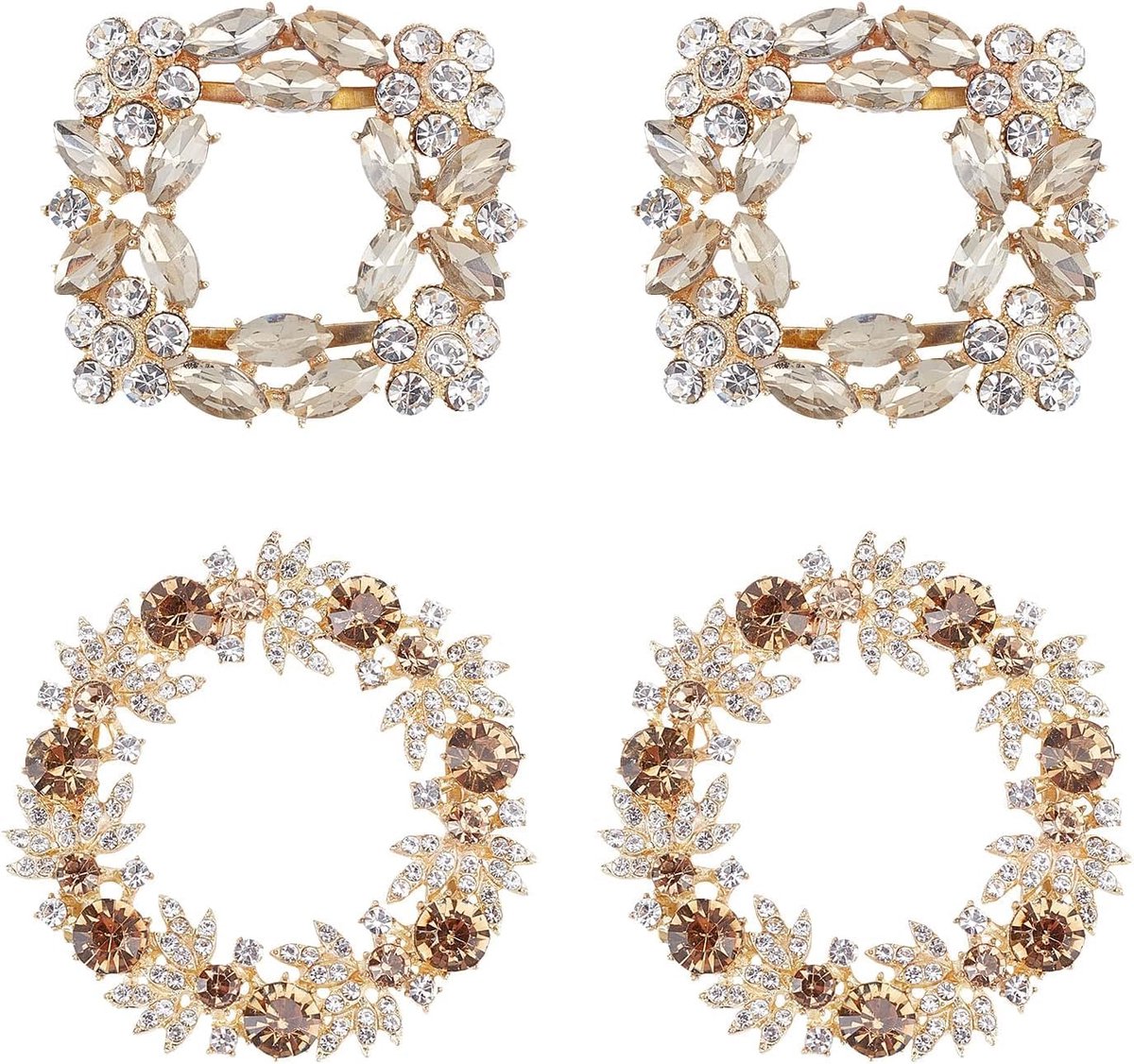 4 stuks elegante strass kristal metalen schoenklemmen (rond en vierkant, licht goud) bruidsbloem schoengespen voor bruiloft party portemonnee hardware accessoires decoratie, Stras Metaal