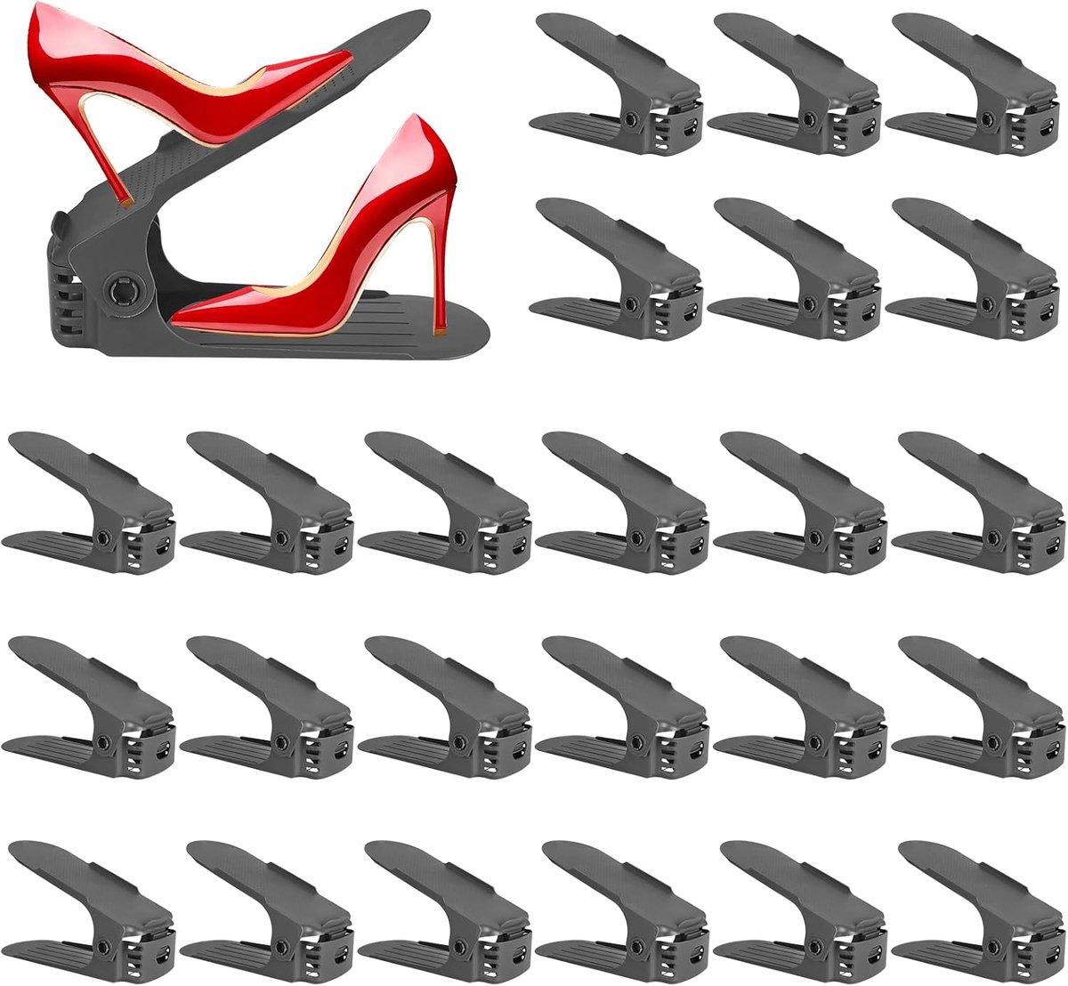Verstelbare Schoenenrekken Set van 24,Schoenenstapelaar,Ruimtebesparend Schoenenorganizer,Verstelbare 4 Niveaus,Antislip,Verstelbaar Schoenhouders,Stapelbare Schoenen Slots(Donkergrijs)