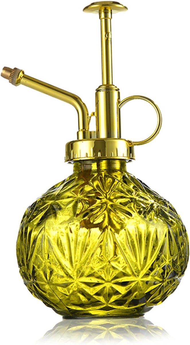 plantenspuitfles, 240 ml, retro reliëf, plantenspuit met pomp, geavanceerde bloemenverstuiver, drukspuit voor balkon, kleine tuinplanten, binnen, huis of kantoor, geel/groen