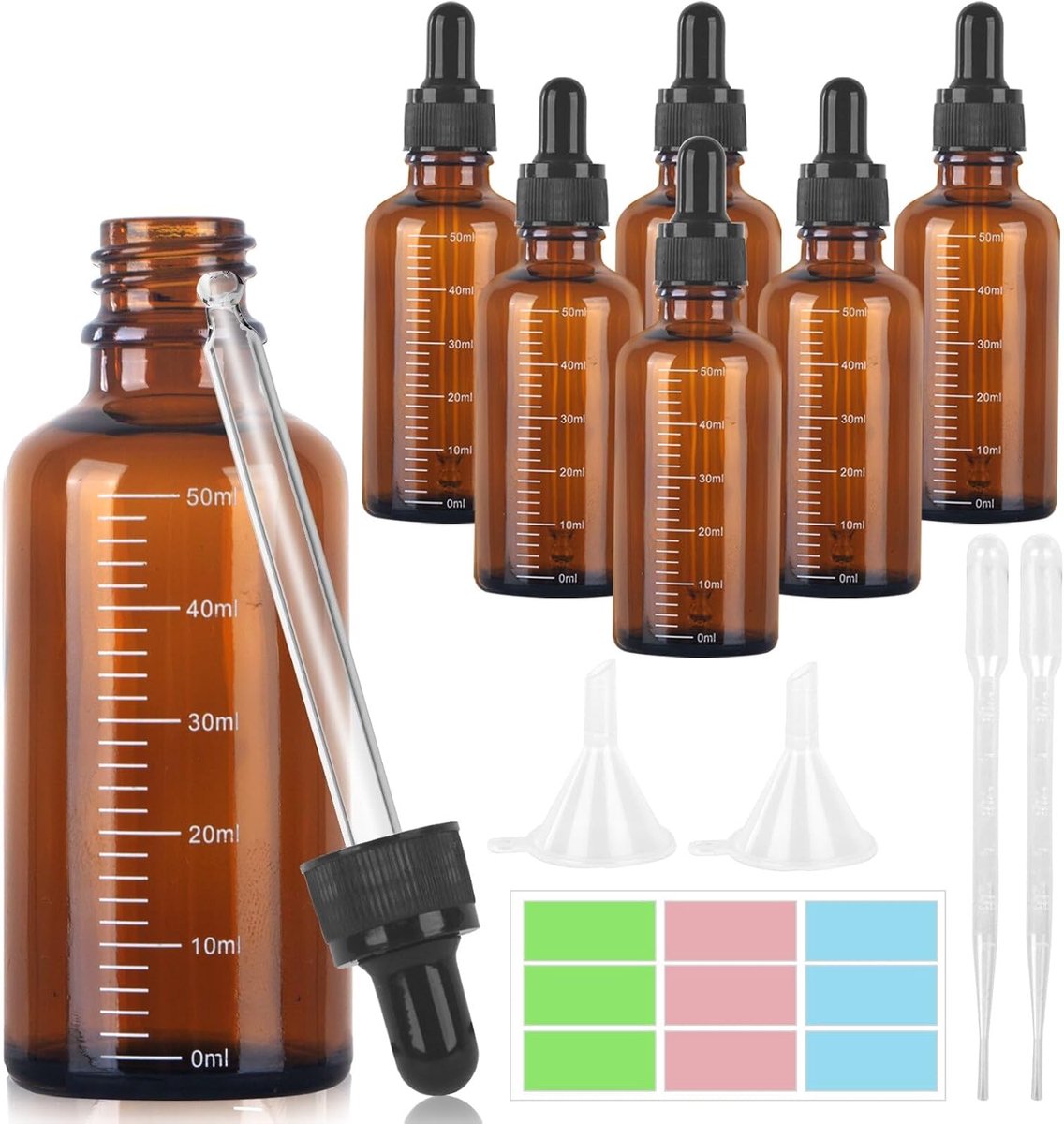 Set van 6 pipetflessen, 50 ml, kleine glazen fles van barnsteen, druppelflessen met 2 meetpipetten, 2 trechters, 1 etiketten, glazen druppelflessen voor etherische oliën, geuren