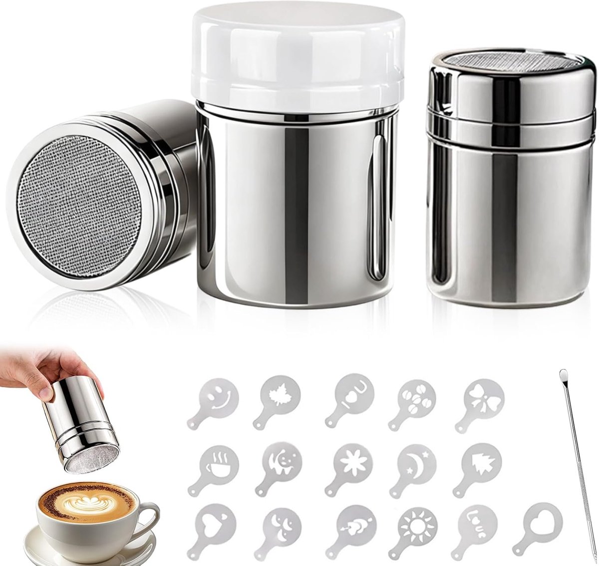 3 stuks poedersuikerstrooier, cacaostrooier voor cappuccino, 304 roestvrij staal, meelstrooier met deksel, stofsuikerstrooier, cacao, koffie, suiker, zout en meel