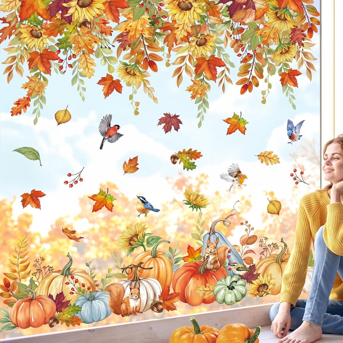 Raamstickers herfst zonnebloem raamsticker oogst pompoen hangende bloemen raamafbeeldingen raamstickers anti-botsing dubbelzijdige glassticker glas decoratie