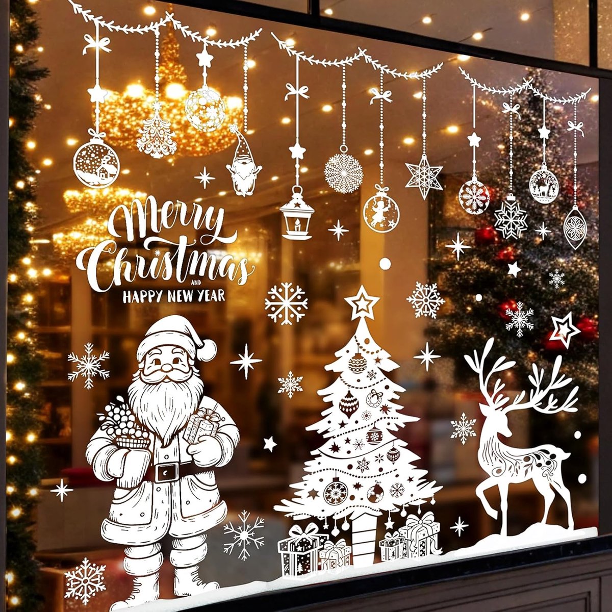 zelfklevende raamdecoratie voor Kerstmis, kerstdecoratie voor binnenraam, kerstvensterfoto 30x90cm, witte winterraamdecoratie, kerstvenstersticker, kerstkerstvenster foto's, herbruikbaar