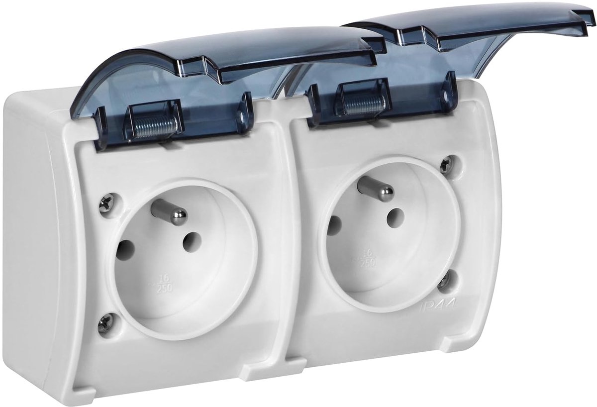 Stopcontact 2x2P+Z IP44 Type E Frans - Opbouw Stopcontact - Waterdichte Stekkerdoos voor Buiten Gebruik (Wit gerookt)