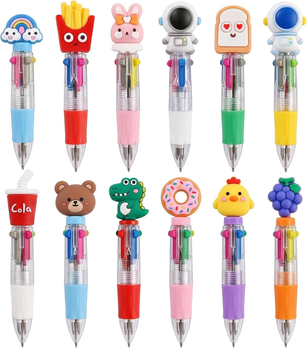 Verpakking met 12 kleurrijke 4-in-1 balpennen voor kinderen, intrekbaar, 0,7 mm, cartoon-design, verjaardagscadeaus voor kinderen, school, cadeau voor kinderen, feest en eerste schooldag