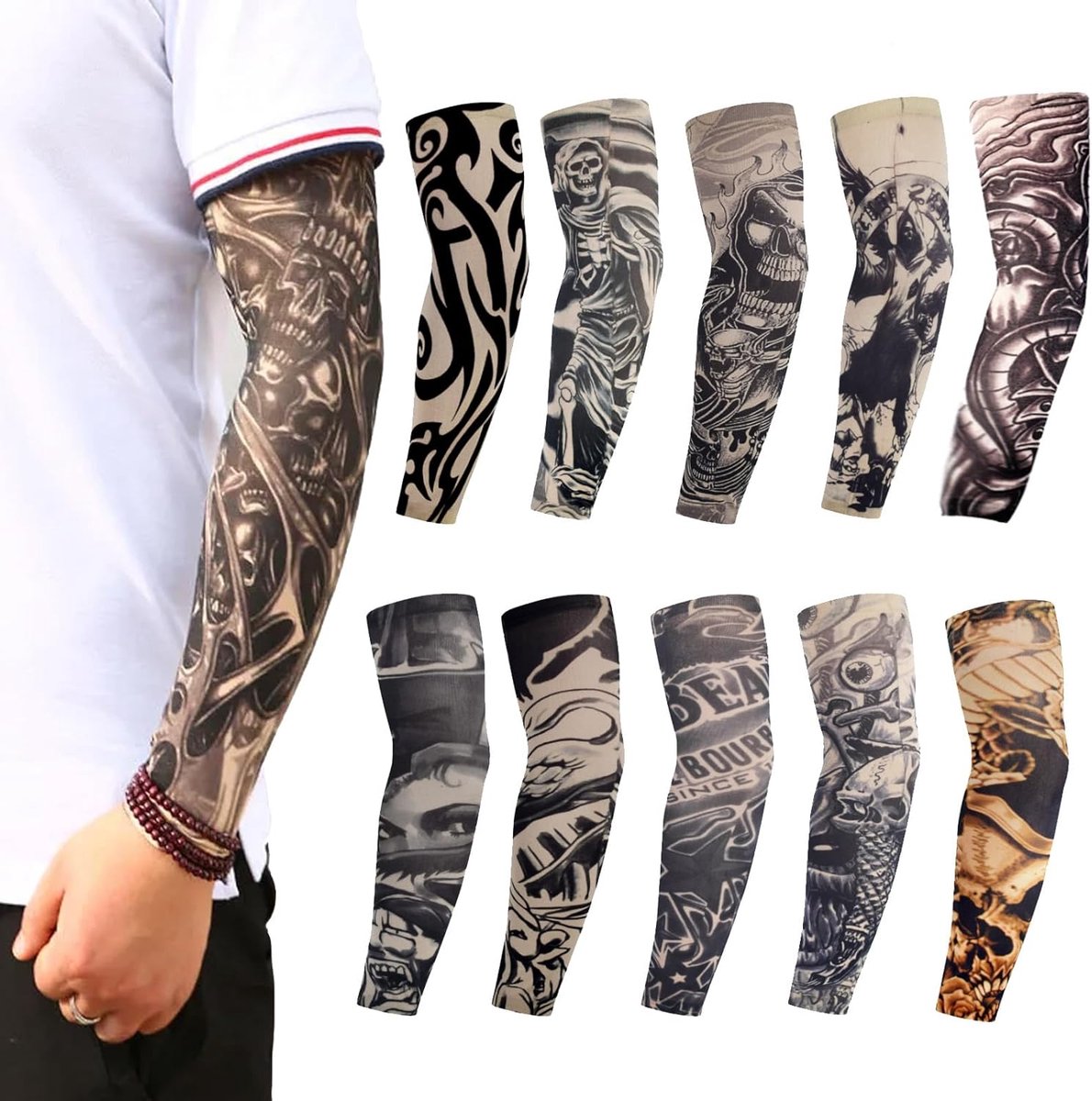 10 stuks valse tattoomouwen, tattoomouwen, arm voor mannen, tijdelijke tatoeages, armkousen, tijdelijke tatoeages, mouwen voor kostuumfeesten, carnaval, elastisch, versierde mouwen