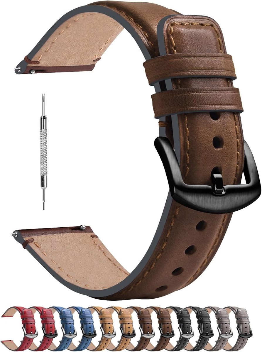 6 kleuren gepolijste horlogeband 18/20/22 mm, leren armband YOLA met D-vormige gesp voor dames en heren