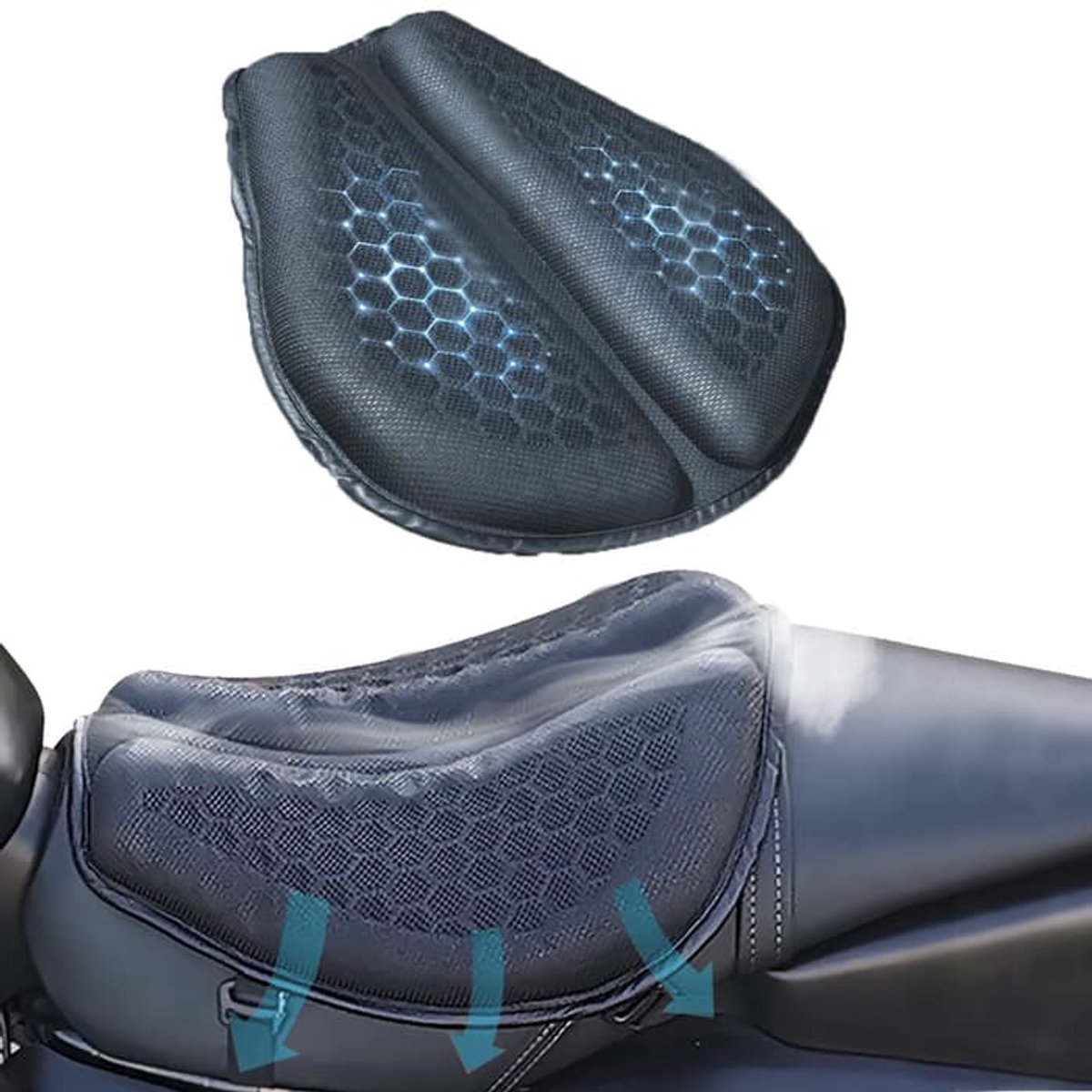 Opvouwbaar gelzadel voor motorfietsen met een grote 3D-honingraatstructuur, dat schokabsorptie en ventilatie biedt, geschikt voor langeafstandsritten.