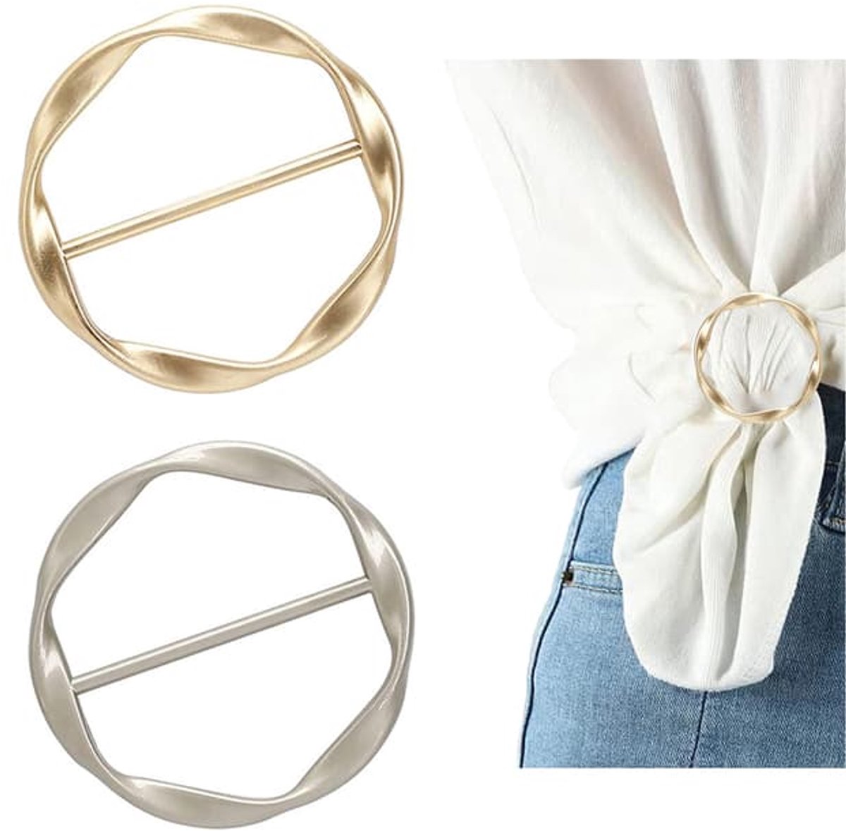 Twee sjaalclips, T-shirt- en stropdasclips voor dames, kledingclips, pakketclips, stijlvolle ronde clips, riemgespen (goud + zilver).