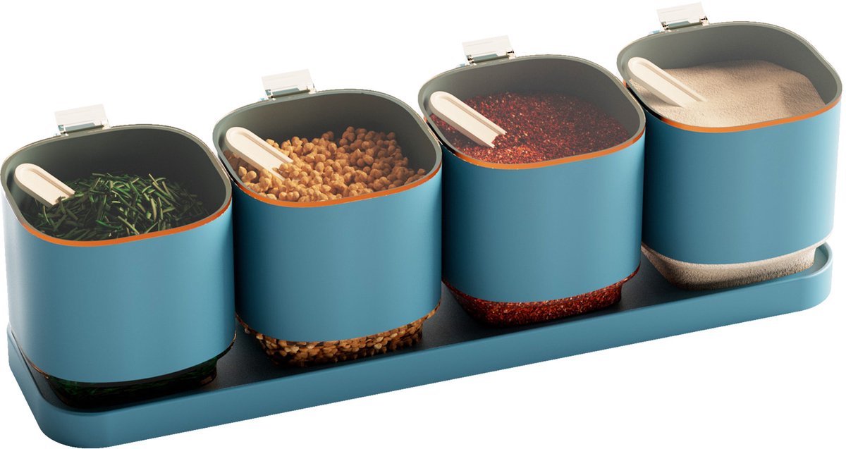 Arvioo kruidenbox - marineblauw 4 stuks - afsluitbaar - met lepels - keuken opbergdoos`