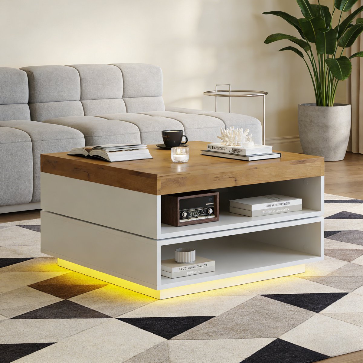 COVREO Salontafel 65x65x40 cm wit, MDF met LED en 360 graden draaiblad