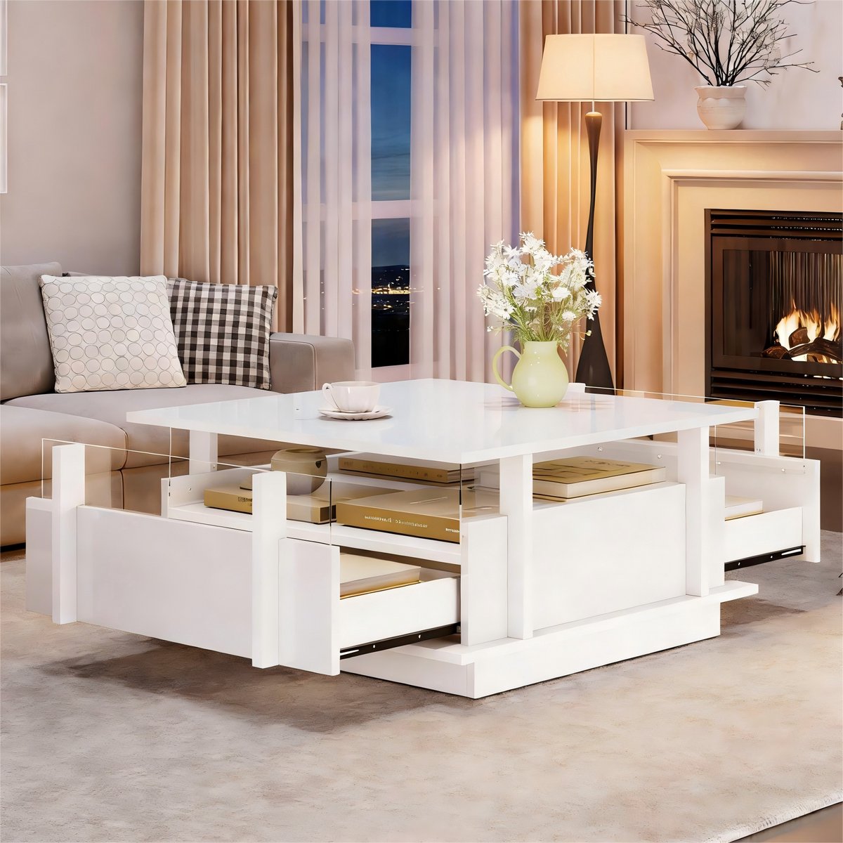 COVREO Salontafel 70x70x35 cm wit, spaanplaat met 2 lades en LED