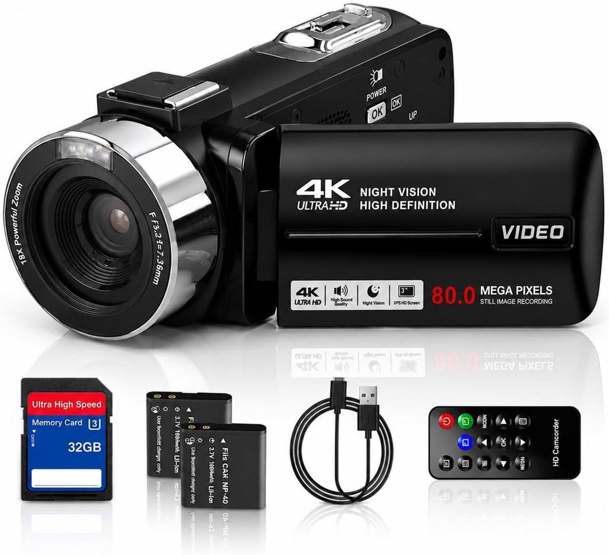 4K Camcorder met 80MP - Videocamera Full HD - Vlog camera - IR Nachtzicht - 18x Digitale Zoom - 3 Inch Draaibaar Scherm - 32GB SD - 2 Accu’s en Afstandsbediening