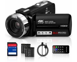 4K Camcorder met 80MP - Videocamera Full HD - Vlog camera - IR Nachtzicht - 18x Digitale Zoom - 3 Inch Draaibaar Scherm - 32GB SD - 2 Accu’s en Afstandsbediening