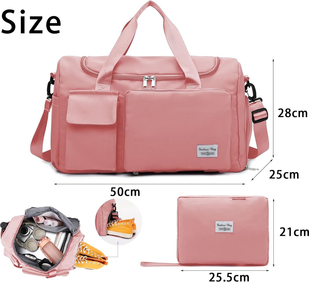 SnelShoppen - Opvouwbare Sporttas Dames, Grote Capaciteit Sportbag met Schoenenvak en Vochtige Vak, Lichtgewicht Waterdichte Weekendtas in Roze, Ideaa