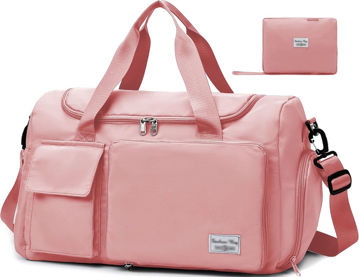 SnelShoppen - Opvouwbare Sporttas Dames, Grote Capaciteit Sportbag met Schoenenvak en Vochtige Vak, Lichtgewicht Waterdichte Weekendtas in Roze, Ideaa